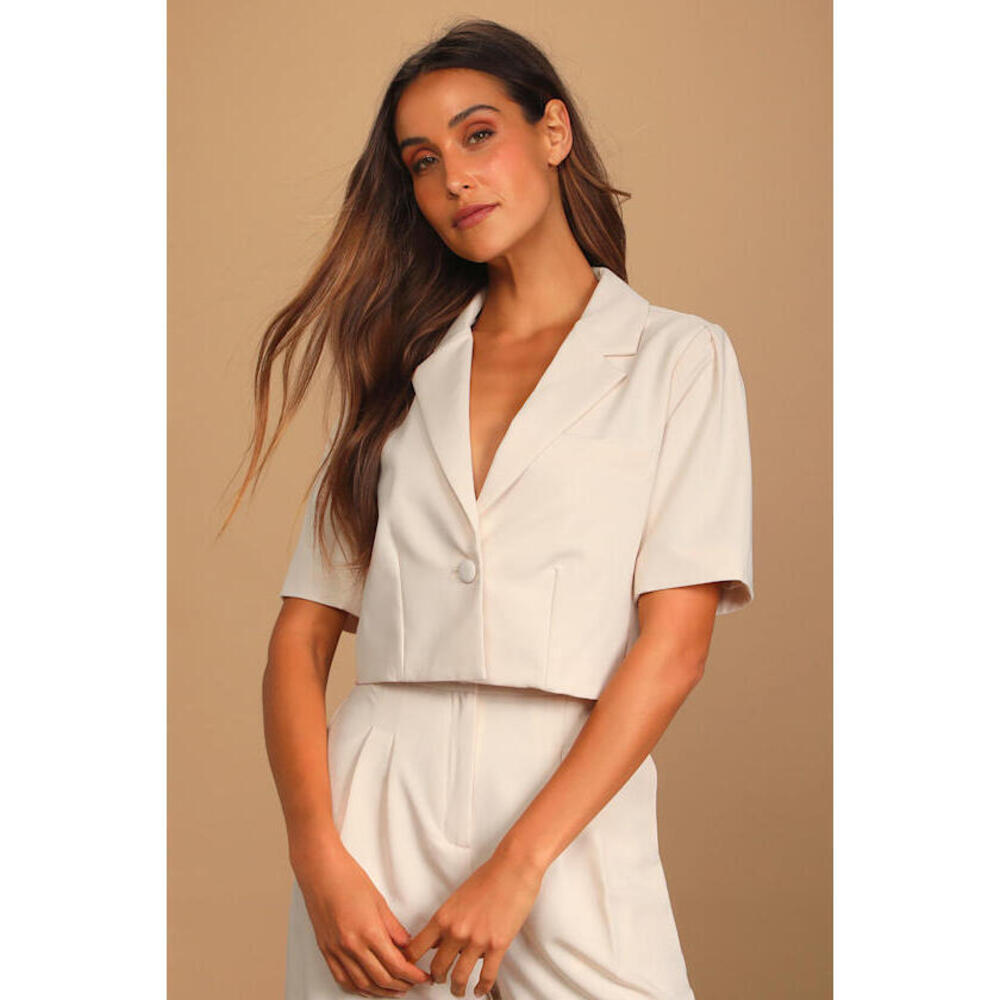 Lulus Posh Company Ivory Cropped Short Sleeve Blazer White - Size XL